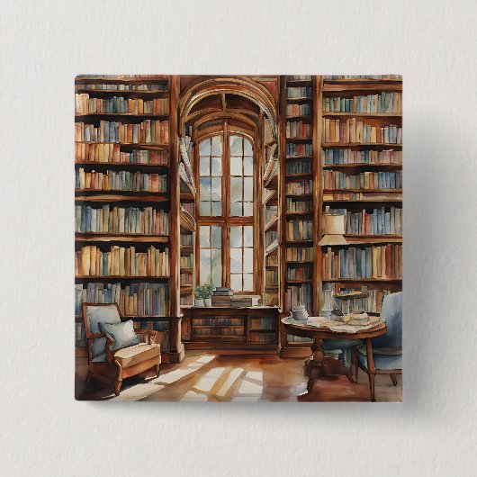 Gezellige Waterverf Bibliotheek Vierkante Button 5,1 Cm (Voorkant)