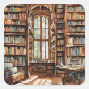 Gezellige Waterverf Bibliotheek Vierkante Sticker