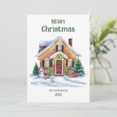 Gezellige Waterverf Christmas House Holiday Kaart (Staand voorkant)