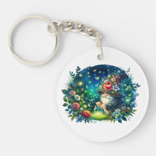 Gezellige Waterverf Garden Gnome en vuurvliegjes Sleutelhanger