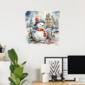 Gezellige waterverf Kerstmis winterscène sneeuwman Poster (Thuiskantoor)