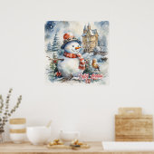 Gezellige waterverf Kerstmis winterscène sneeuwman Poster (Keuken)
