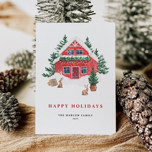 Gezellige Waterverf Red Cottage Evergreen Forest Feestdagen Kaart