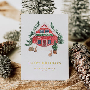 Gezellige Waterverf Red Cottage Evergreen Forest Folie Feestdagenkaart