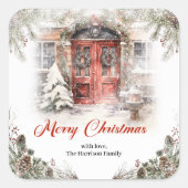 Gezellige waterverf rode kerstdeur in winterstad vierkante sticker (Voorkant)
