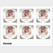 Gezellige waterverf rode kerstdeur in winterstad vierkante sticker (Vel)