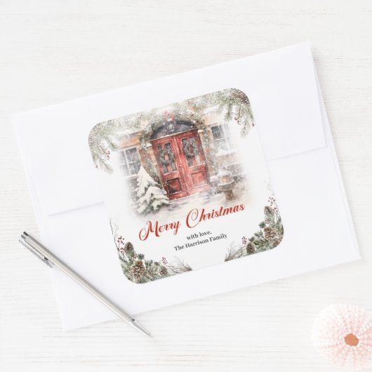 Gezellige waterverf rode kerstdeur in winterstad vierkante sticker (Envelop)