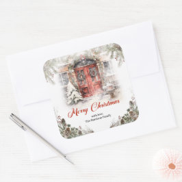 Gezellige waterverf rode kerstdeur in winterstad vierkante sticker