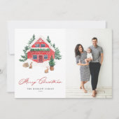 Gezellige waterverf rode kersthuis foto feestdagenkaart (Voorkant)