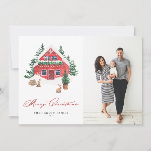Gezellige waterverf rode kersthuis foto feestdagenkaart (Voorkant)