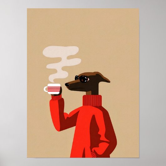 Gezellige Whippet Drinkt Koffie - Honden Illustrat Poster (Voorkant)