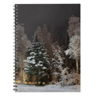 Gezellige Winter Bos Nacht Scene Notitieboek