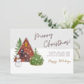 Gezellige Winter Cabin & Snowman | Waterverf kerst Feestdagenkaart (Staand voorkant)