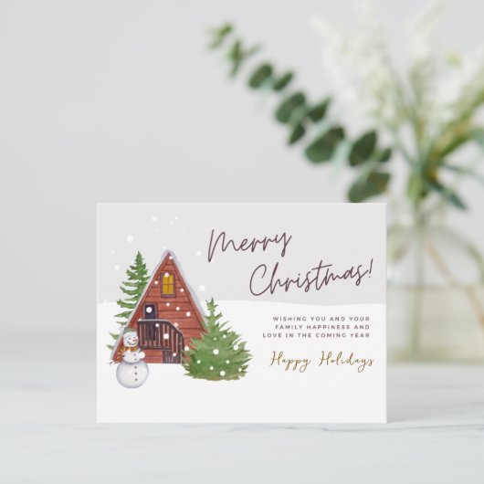 Gezellige Winter Cabin & Snowman | Waterverf kerst Feestdagenkaart (Staand voorkant)