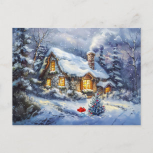 Gezellige Winter Cottage met kerstboom Briefkaart