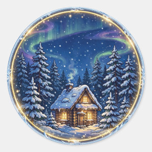 Gezellige Winter Cottage — Sneeuwcabine-retraiteba Ronde Sticker