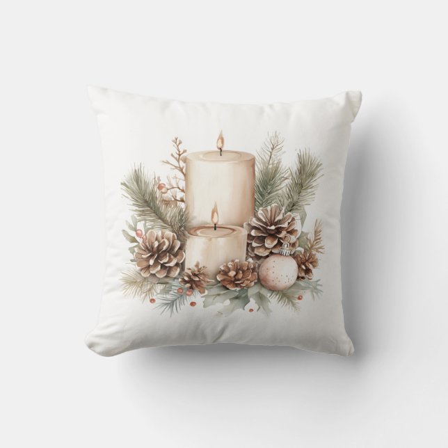 Gezellige Winter Kaars en Pine Cone Decoratief Kussen (Voorkant)