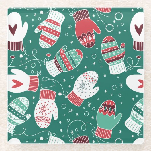Gezellige Winter Kerst wanten Patroon in Groen Glazen Onderzetter (Voorkant)