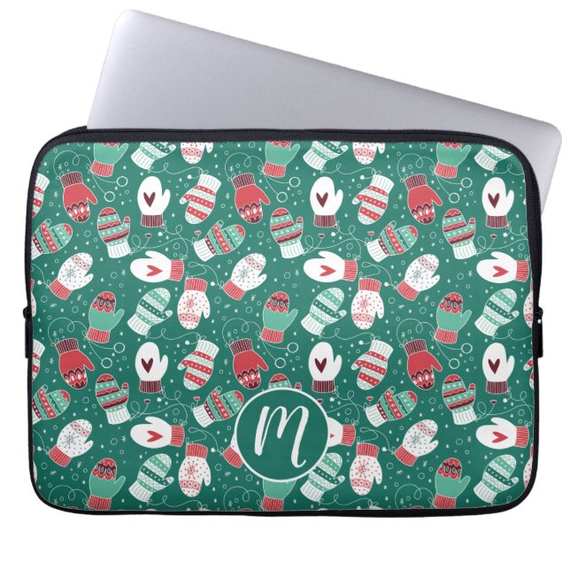 Gezellige Winter Kerst wanten Patroon in Groen Laptop Sleeve (Voorkant)