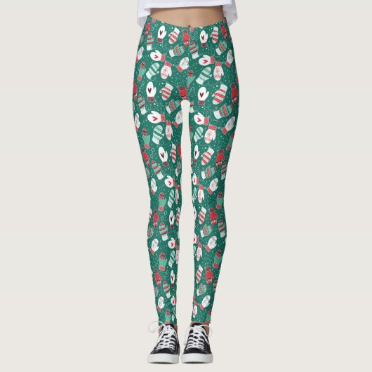 Gezellige Winter Kerst wanten Patroon in Groen Leggings (Voorkant)