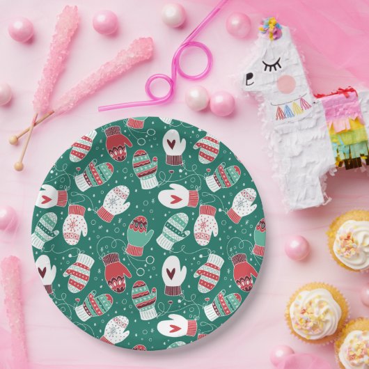 Gezellige Winter Kerst wanten Patroon in Groen Papieren Bordje (Feest)