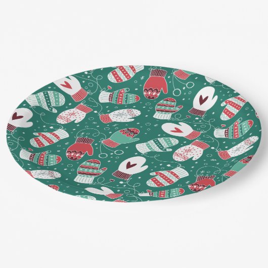 Gezellige Winter Kerst wanten Patroon in Groen Papieren Bordje (Gekanteld)
