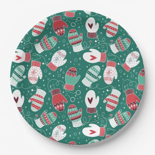 Gezellige Winter Kerst wanten Patroon in Groen Papieren Bordje (Voorkant)