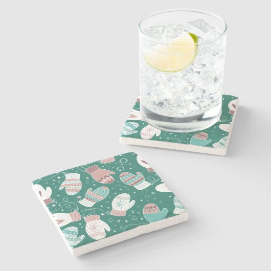 Gezellige Winter Kerst wanten Patroon in Groen Stenen Onderzetter (Zijkant)