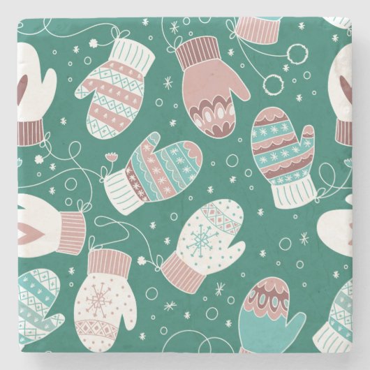 Gezellige Winter Kerst wanten Patroon in Groen Stenen Onderzetter (Voorkant)