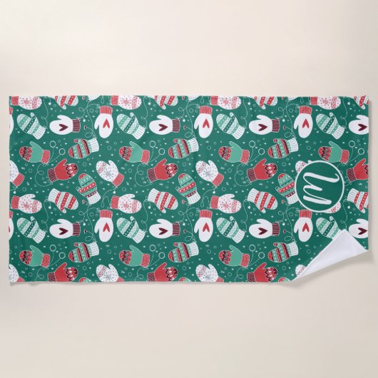 Gezellige Winter Kerst wanten Patroon in Groen Strandlaken (Voorkant)
