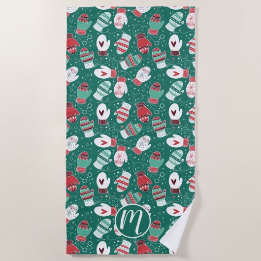 Gezellige Winter Kerst wanten Patroon in Groen Strandlaken (Voorkant)