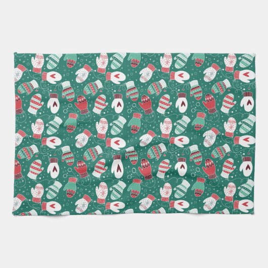 Gezellige Winter Kerst wanten Patroon in Groen Theedoek (Horizontaal)