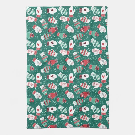 Gezellige Winter Kerst wanten Patroon in Groen Theedoek (Verticaal)