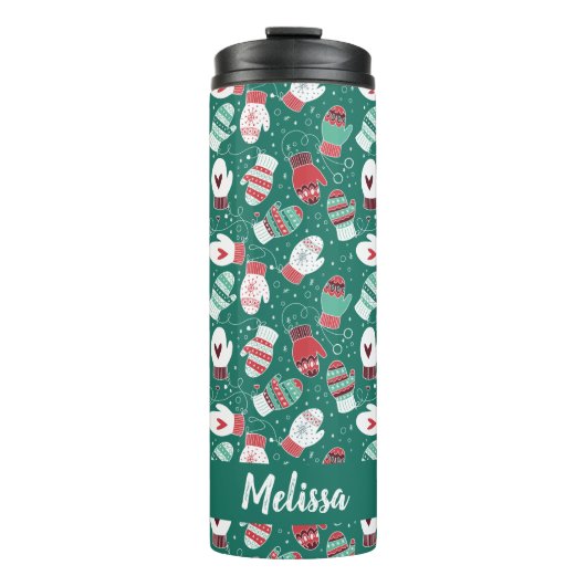 Gezellige Winter Kerst wanten Patroon in Groen Thermosbeker (Voorkant)