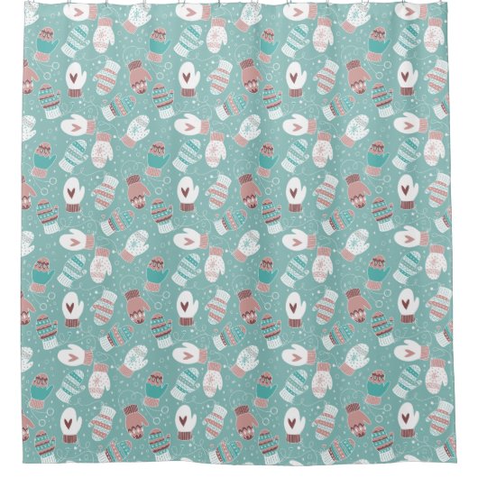 Gezellige Winter Kerst wanten Patroon in Mint Douchegordijn (Voorkant)