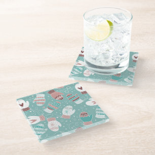 Gezellige Winter Kerst wanten Patroon in Mint Glazen Onderzetter