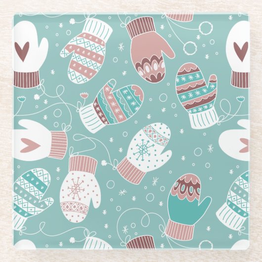 Gezellige Winter Kerst wanten Patroon in Mint Glazen Onderzetter (Voorkant)