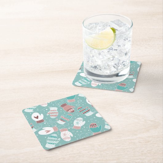 Gezellige Winter Kerst wanten Patroon in Mint Kartonnen Onderzetters (Insitu)