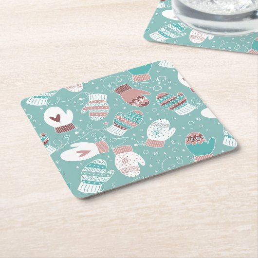 Gezellige Winter Kerst wanten Patroon in Mint Kartonnen Onderzetters (Schuin)