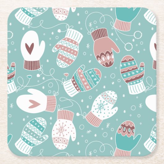 Gezellige Winter Kerst wanten Patroon in Mint Kartonnen Onderzetters (Voorkant)