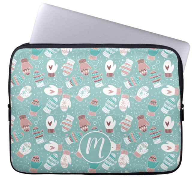 Gezellige Winter Kerst wanten Patroon in Mint Laptop Sleeve (Voorkant)