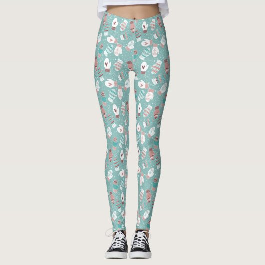 Gezellige Winter Kerst wanten Patroon in Mint Leggings (Voorkant)
