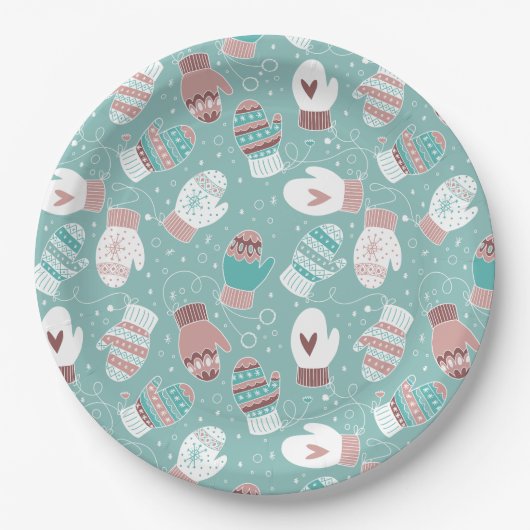 Gezellige Winter Kerst wanten Patroon in Mint Papieren Bordje (Voorkant)