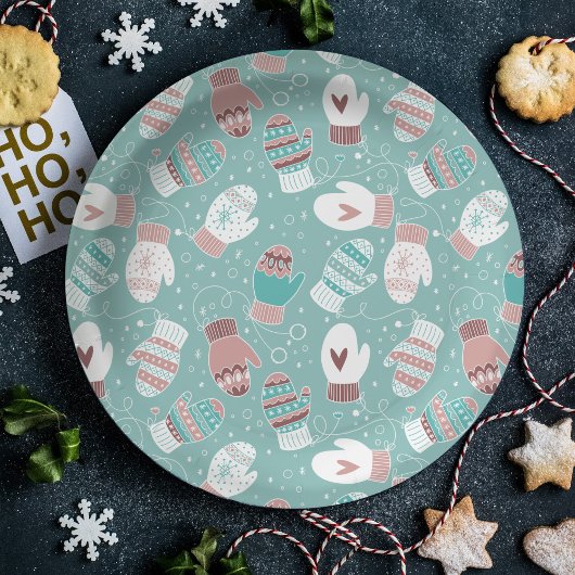 Gezellige Winter Kerst wanten Patroon in Mint Papieren Bordje