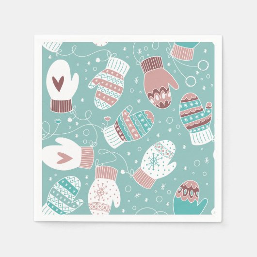Gezellige Winter Kerst wanten Patroon in Mint Servet (Voorkant)