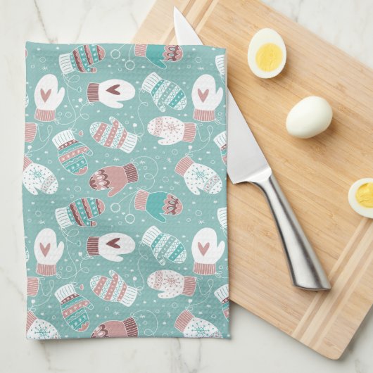 Gezellige Winter Kerst wanten Patroon in Mint Theedoek (Quarter Fold)