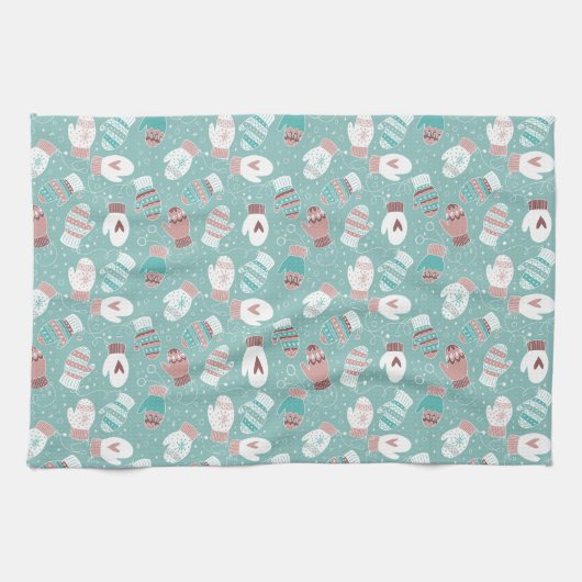 Gezellige Winter Kerst wanten Patroon in Mint Theedoek (Horizontaal)