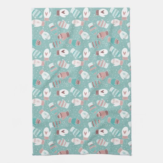 Gezellige Winter Kerst wanten Patroon in Mint Theedoek (Verticaal)