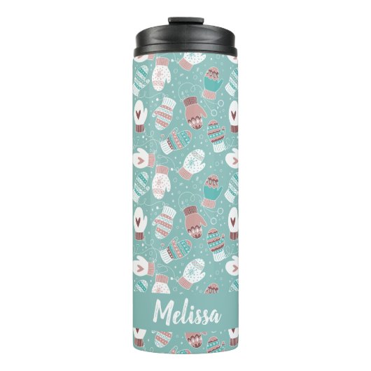 Gezellige Winter Kerst wanten Patroon in Mint Thermosbeker (Voorkant)