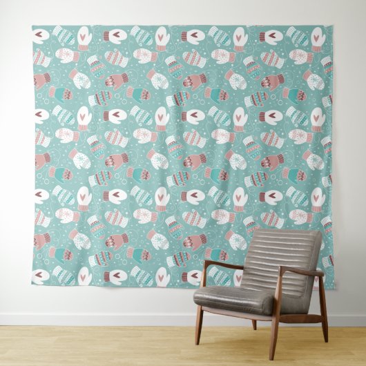 Gezellige Winter Kerst wanten Patroon in Mint Wandkleed (In Situ (horizontaal))